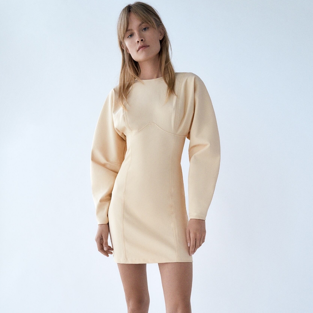 NWT Zara Long Sleeve Neoprene Cream Mini Dress - Picture 12 of 12